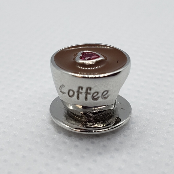 925 Sterling Silver Coffee Cup Pink Zircon Heart - Picture 3 of 8